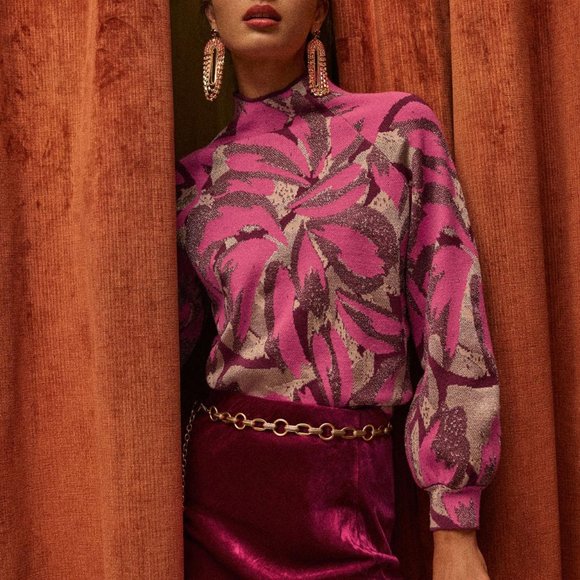 By Anthropologie The Beatriz Mock-Neck Sweater Pink Lurex Combo - XS - Picture 12 of 13